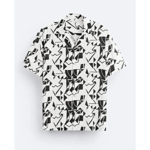 Zara Mens Shirt Size S White Black Geometric Graphic Button Up 4570/410 NWT - Picture 3 of 8